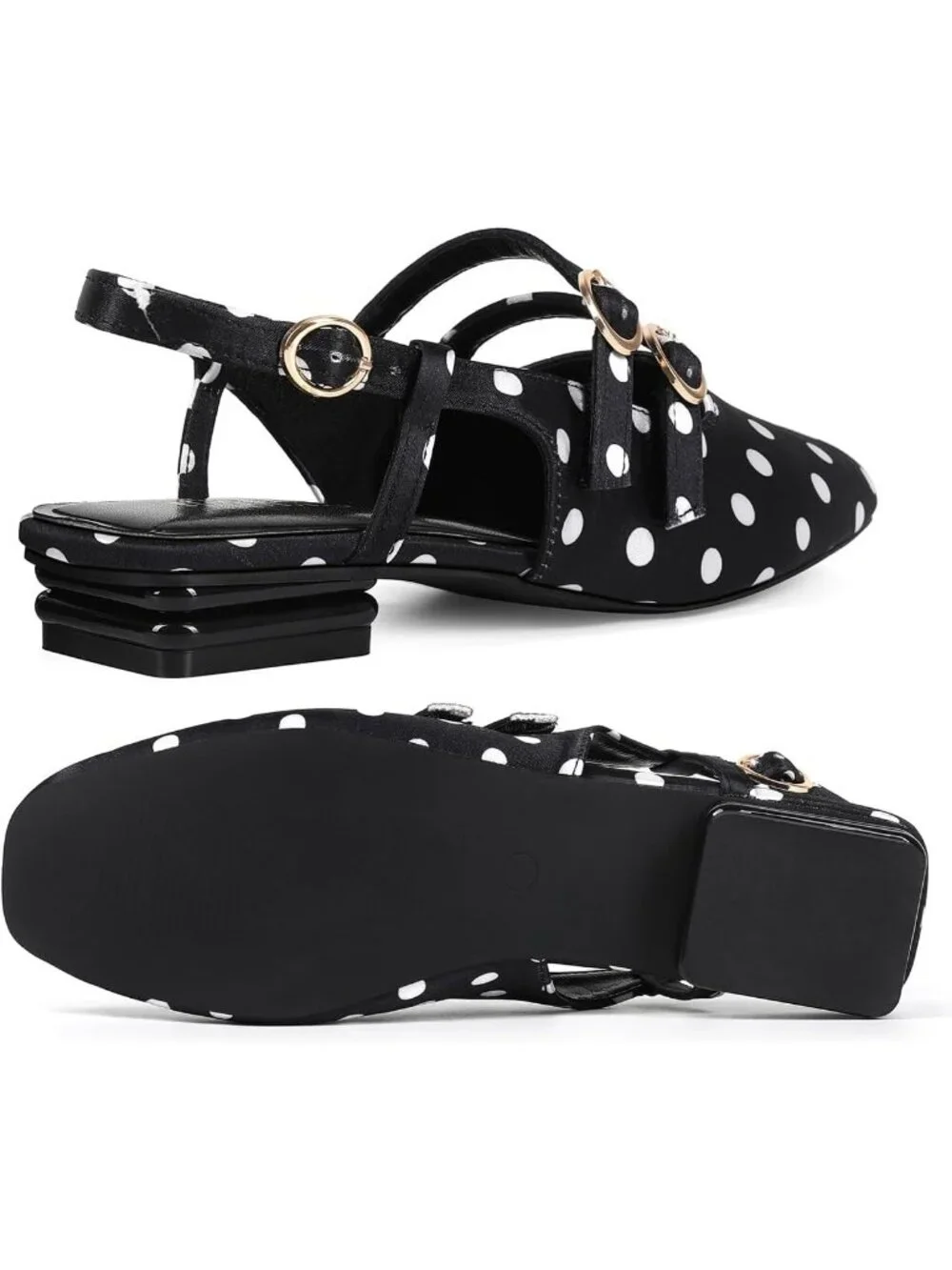Women's Black Dot Closed Square Toe Strap Slingback Low Heels for Party Pumps